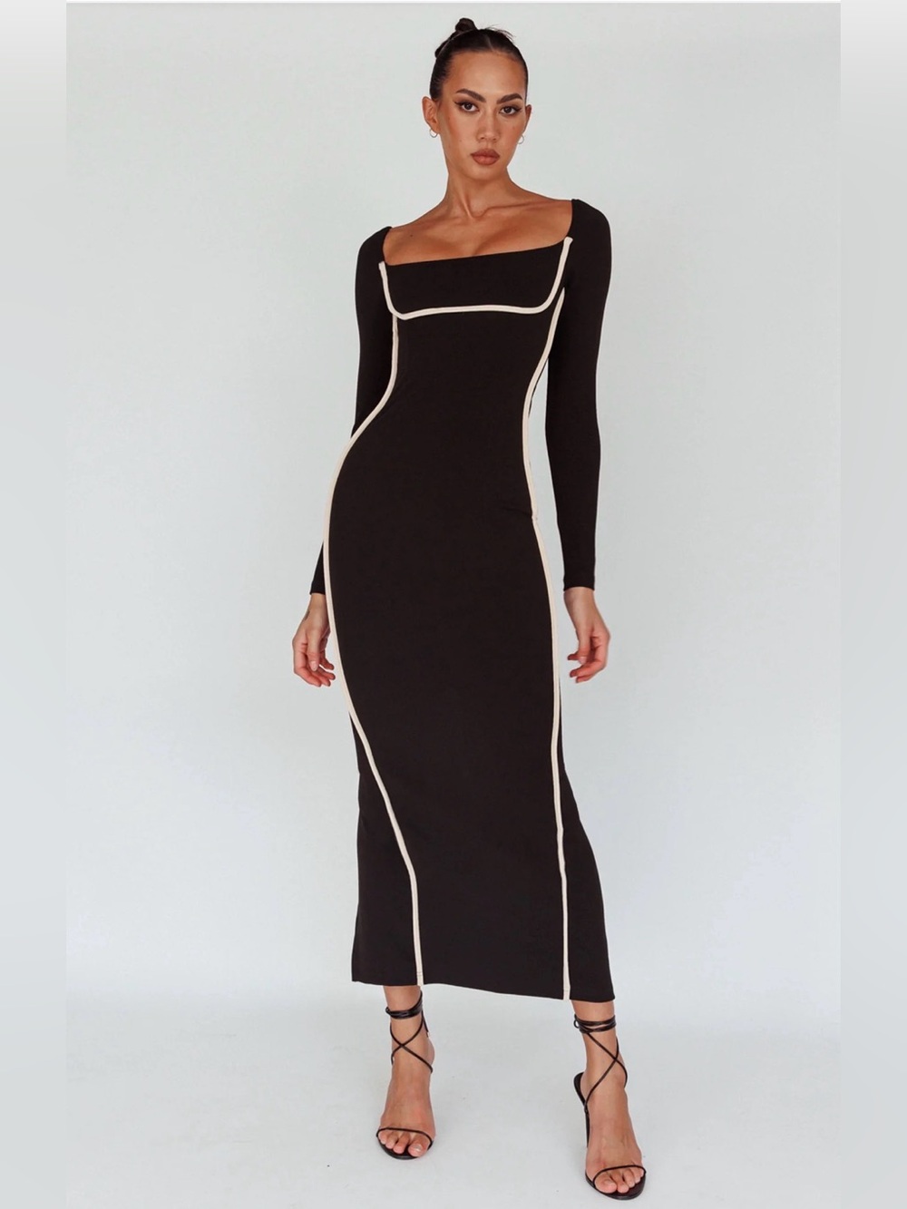 NWT Fashion Nova Long Sleeve Black Maxi Bodycon Dress w/Cream Piping Size L